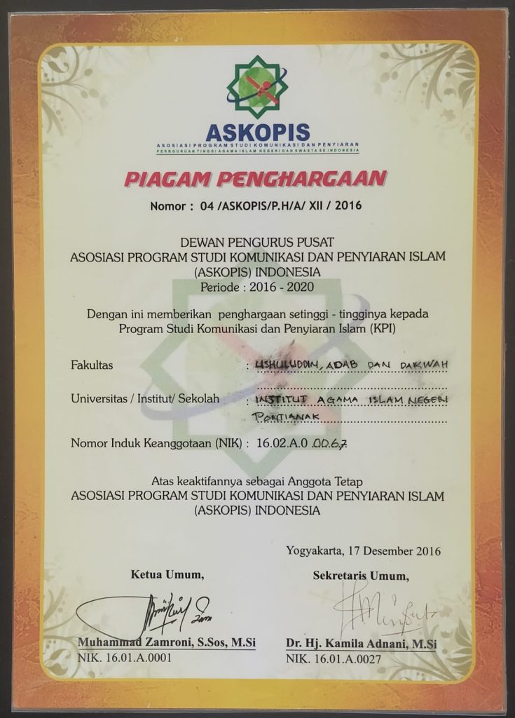 Program Studi Komunikasi dan Penyiaran Islam IAIN Pontianak adalah anggota Asosiasi Program Studi Komunikasi dan Penyiaran Islam (ASKOPIS) Indonesia.